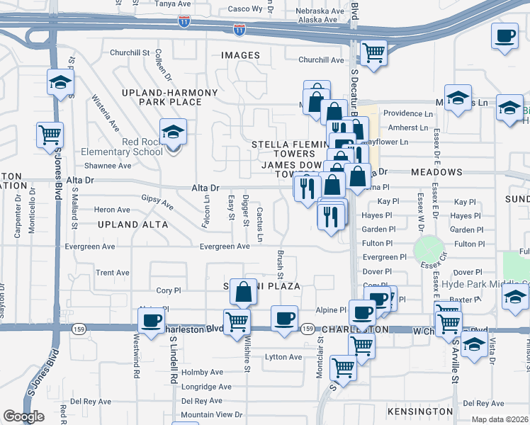 map of restaurants, bars, coffee shops, grocery stores, and more near 605 Cactus Lane in Las Vegas