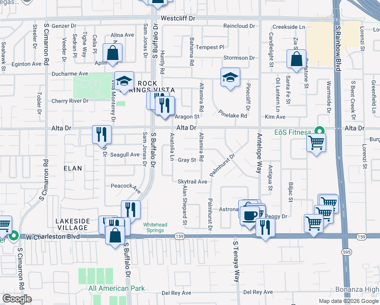 map of restaurants, bars, coffee shops, grocery stores, and more near 7217 Lakeland Court in Las Vegas