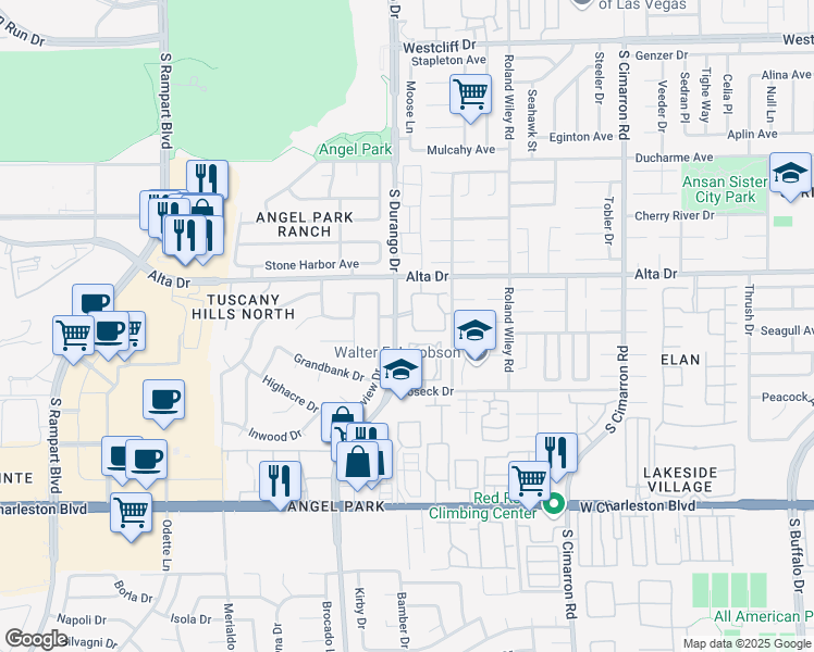 map of restaurants, bars, coffee shops, grocery stores, and more near 500 South Durango Drive in Las Vegas