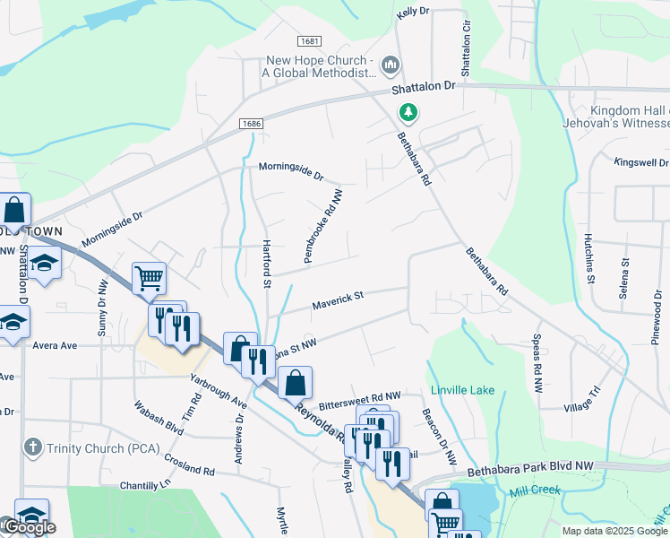 map of restaurants, bars, coffee shops, grocery stores, and more near 4118 Edgeware Road in Winston-Salem
