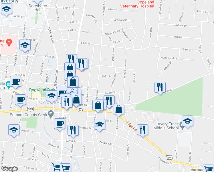 map of restaurants, bars, coffee shops, grocery stores, and more near 600 Freeze Street in Cookeville