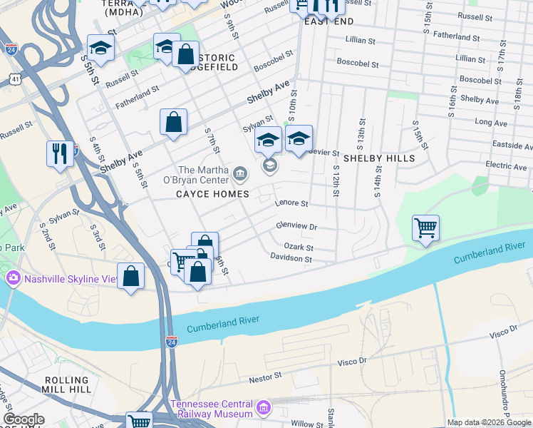 map of restaurants, bars, coffee shops, grocery stores, and more near 740 Lenore Street in Nashville