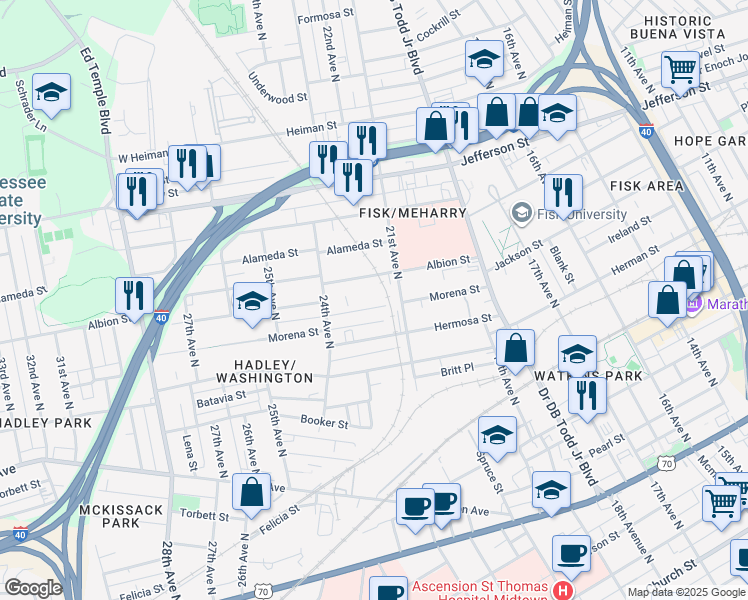 map of restaurants, bars, coffee shops, grocery stores, and more near 2106 Morena Street in Nashville
