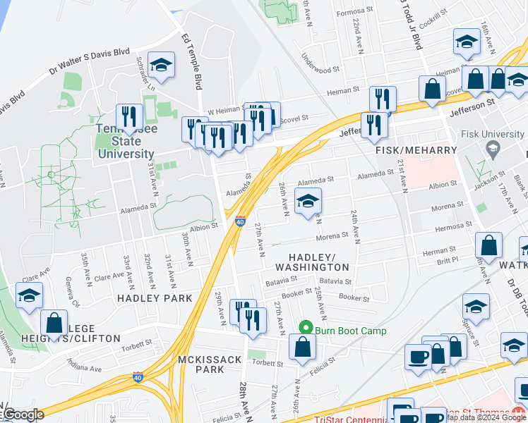 map of restaurants, bars, coffee shops, grocery stores, and more near 2609 Albion Street in Nashville