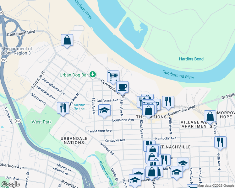 map of restaurants, bars, coffee shops, grocery stores, and more near 5320 Centennial Boulevard in Nashville