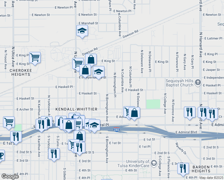 map of restaurants, bars, coffee shops, grocery stores, and more near 715 North Birmingham Avenue in Tulsa