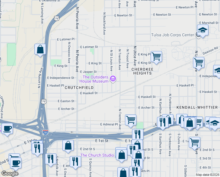 map of restaurants, bars, coffee shops, grocery stores, and more near 719 North Rockford Avenue in Tulsa