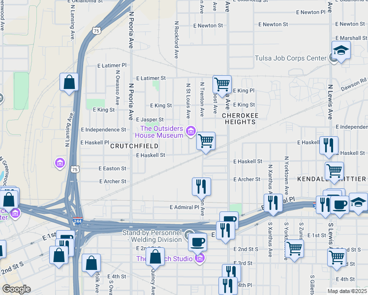 map of restaurants, bars, coffee shops, grocery stores, and more near 719 North Rockford Avenue in Tulsa