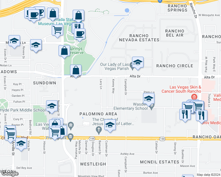 map of restaurants, bars, coffee shops, grocery stores, and more near 620 Kenny Way in Las Vegas