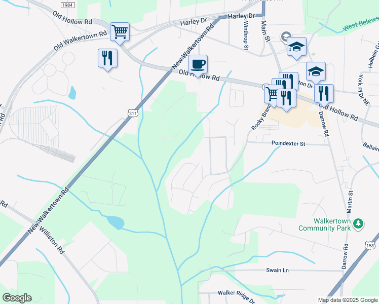 map of restaurants, bars, coffee shops, grocery stores, and more near 2704 Rocky Branch Road in Walkertown