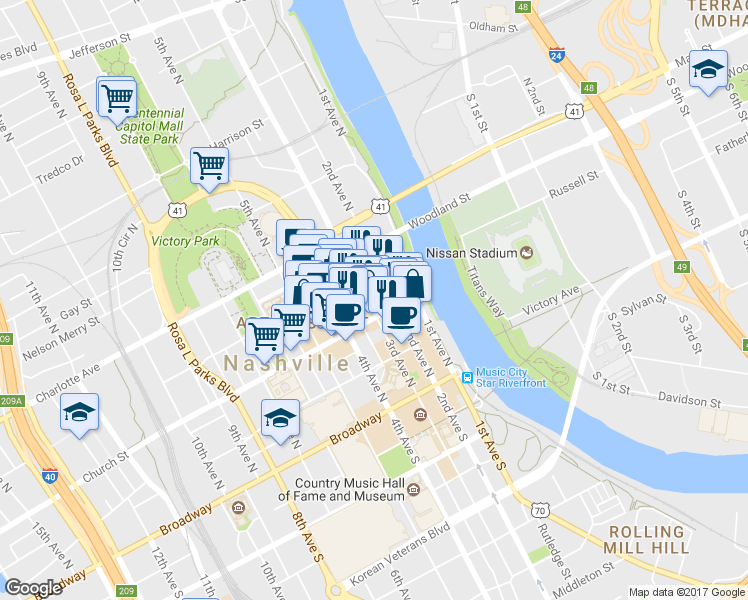 map of restaurants, bars, coffee shops, grocery stores, and more near in Nashville