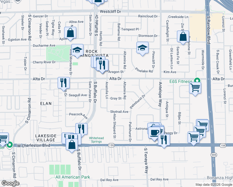 map of restaurants, bars, coffee shops, grocery stores, and more near 7217 Lakeland Court in Las Vegas