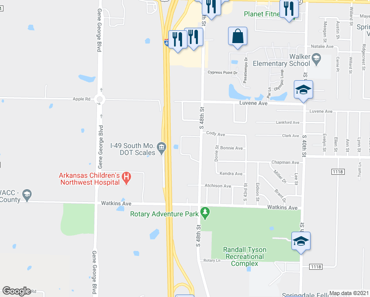 map of restaurants, bars, coffee shops, grocery stores, and more near 2400 South 48th Street in Springdale