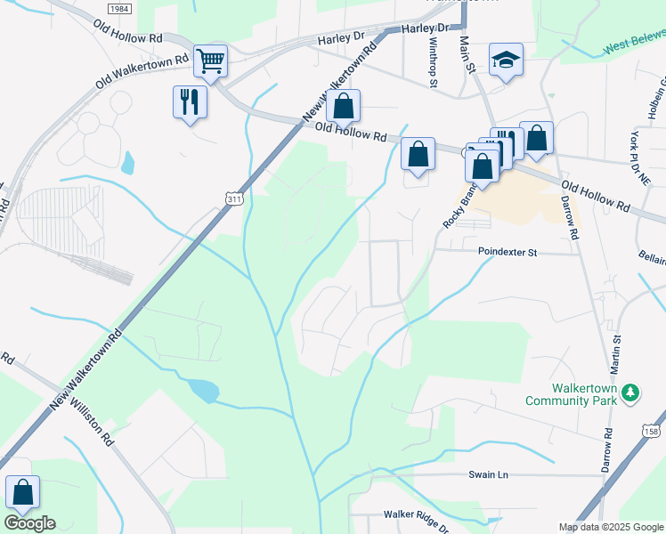 map of restaurants, bars, coffee shops, grocery stores, and more near 2704 Rocky Branch Road in Walkertown
