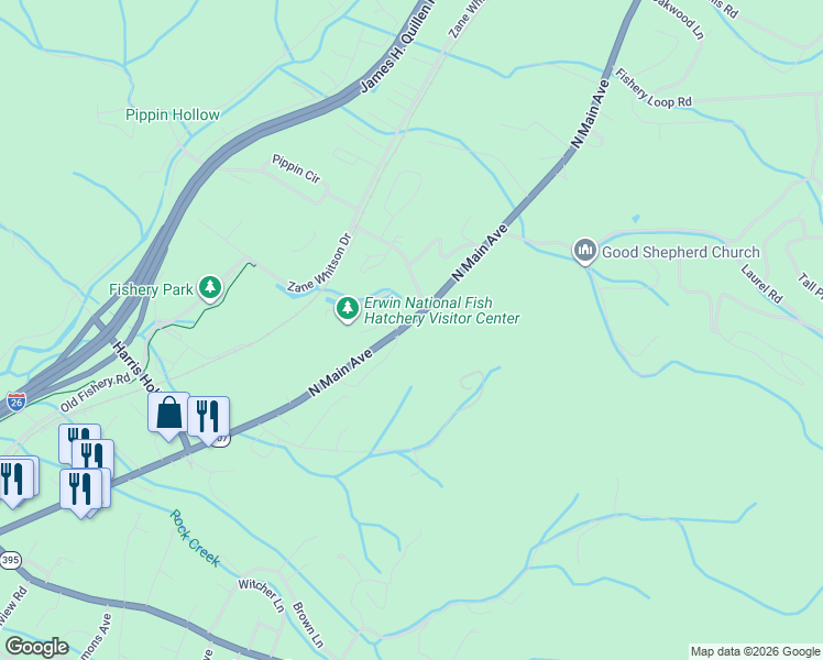map of restaurants, bars, coffee shops, grocery stores, and more near 1702 North Main Avenue in Erwin