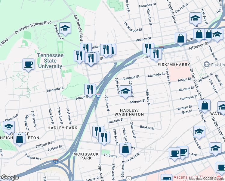 map of restaurants, bars, coffee shops, grocery stores, and more near 2609 Albion St in Nashville