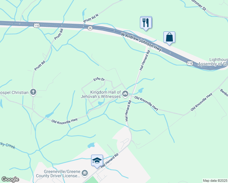 map of restaurants, bars, coffee shops, grocery stores, and more near 87 Lakeview Street in Greeneville