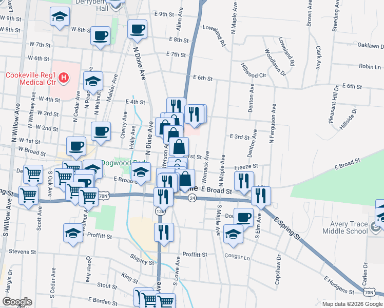map of restaurants, bars, coffee shops, grocery stores, and more near 105 Davis Avenue in Cookeville