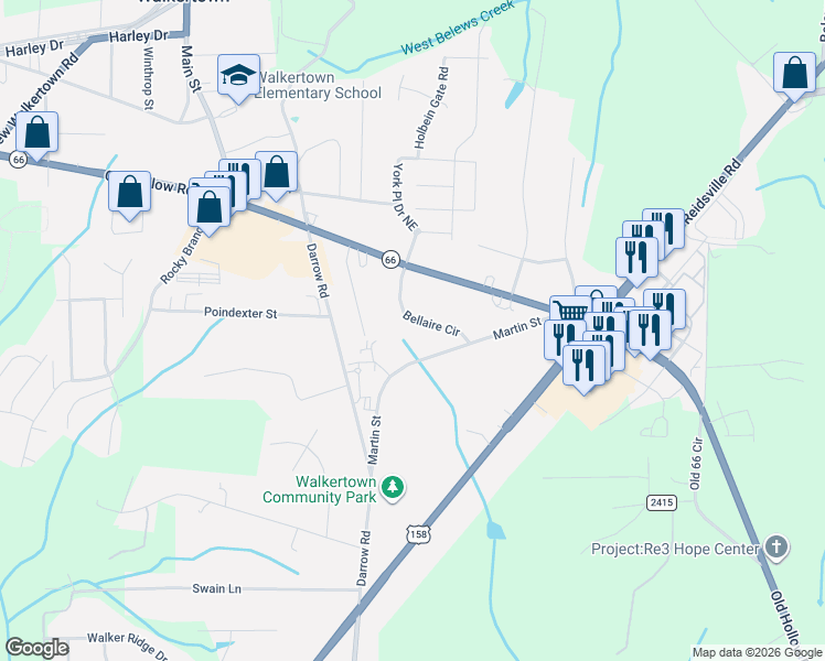 map of restaurants, bars, coffee shops, grocery stores, and more near 2938 Bellaire Circle in Walkertown