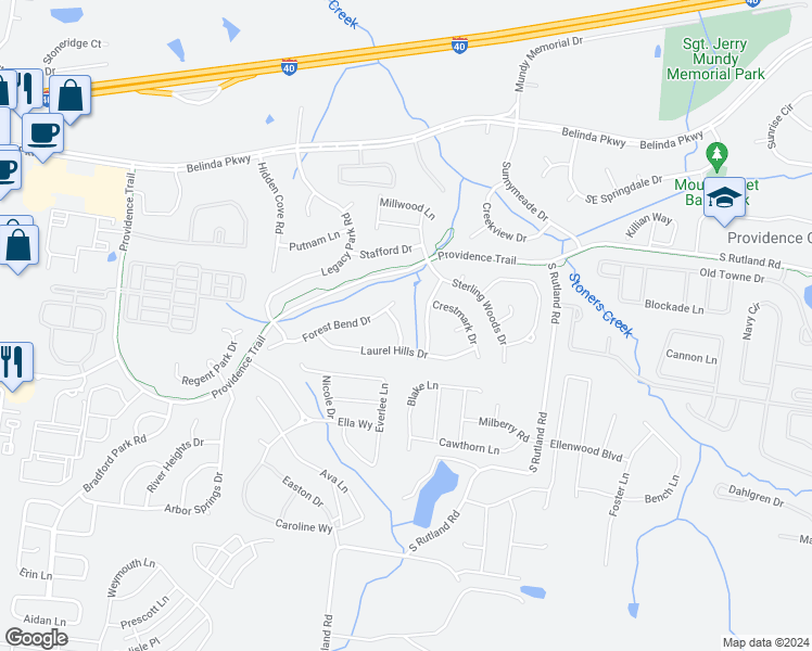 map of restaurants, bars, coffee shops, grocery stores, and more near 506 Garden Drive in Mount Juliet