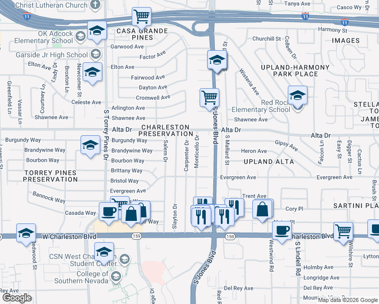 map of restaurants, bars, coffee shops, grocery stores, and more near 524 Monticello Drive in Las Vegas
