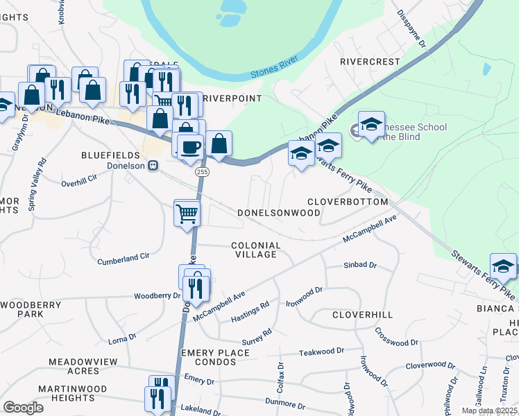 map of restaurants, bars, coffee shops, grocery stores, and more near 124 Donelsonwood Drive in Nashville