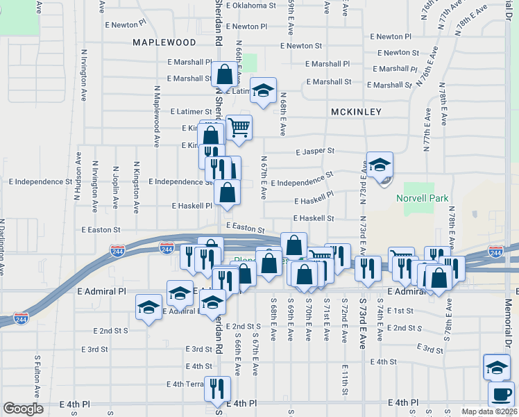 map of restaurants, bars, coffee shops, grocery stores, and more near 712 North 67th East Avenue in Tulsa
