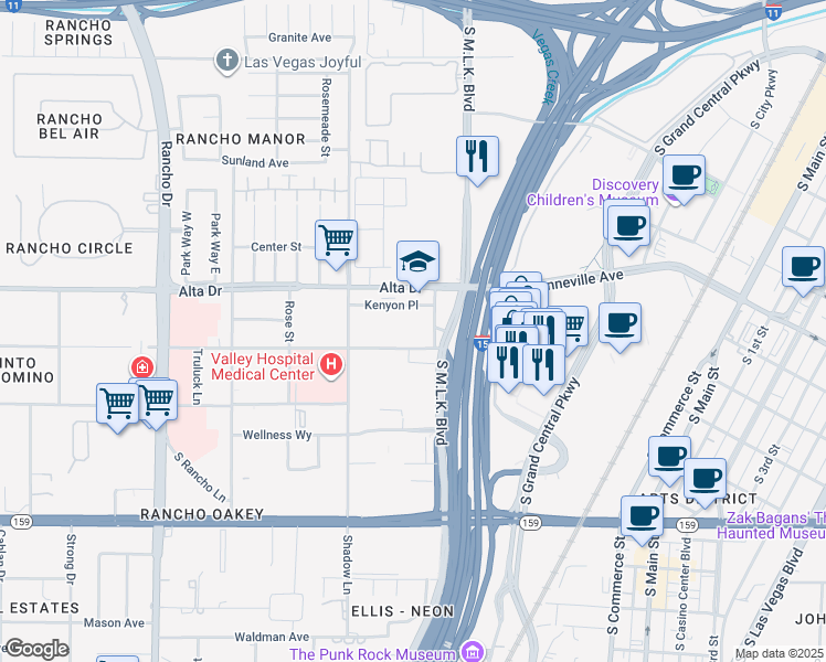 map of restaurants, bars, coffee shops, grocery stores, and more near 1524 Pinto Lane in Las Vegas