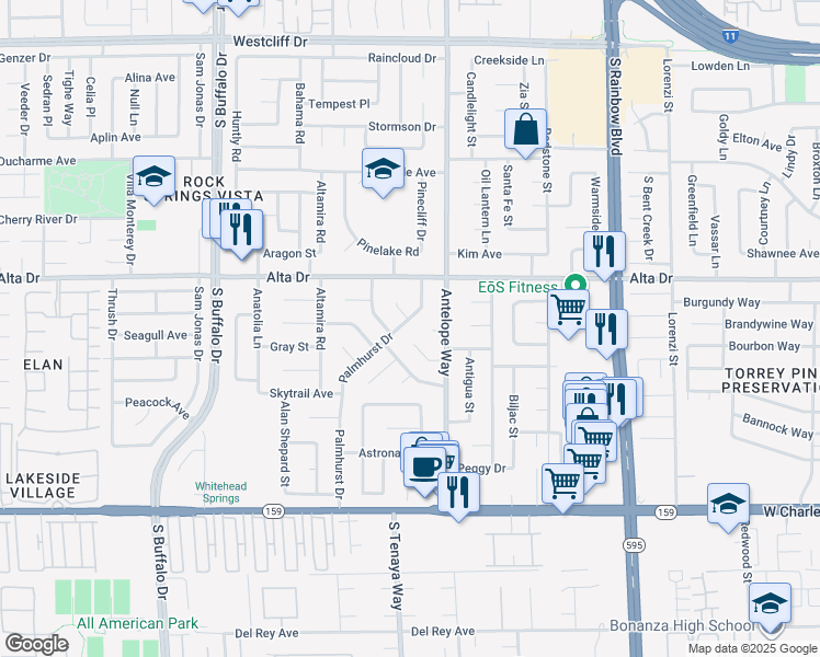 map of restaurants, bars, coffee shops, grocery stores, and more near 611 Palmhurst Drive in Las Vegas
