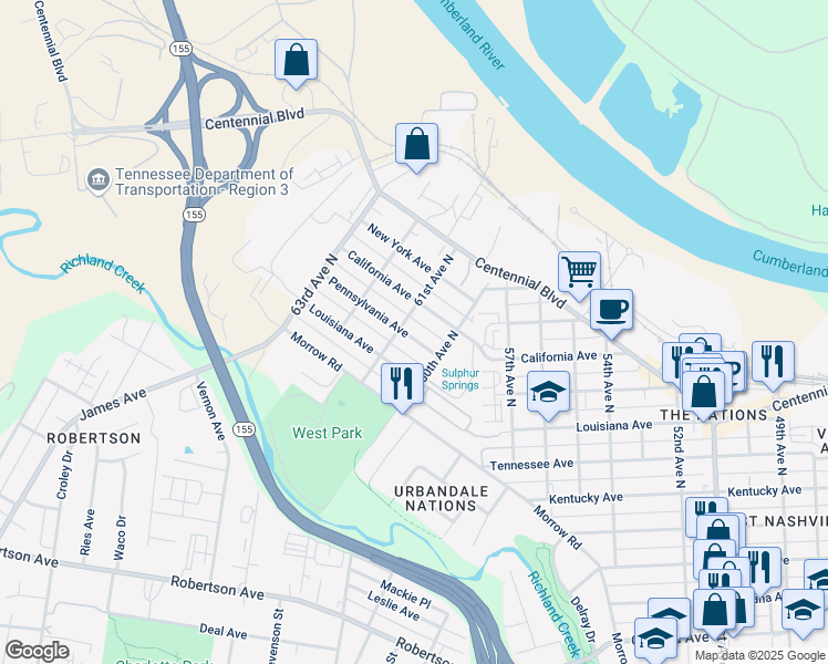 map of restaurants, bars, coffee shops, grocery stores, and more near 6016 Pennsylvania Avenue in Nashville