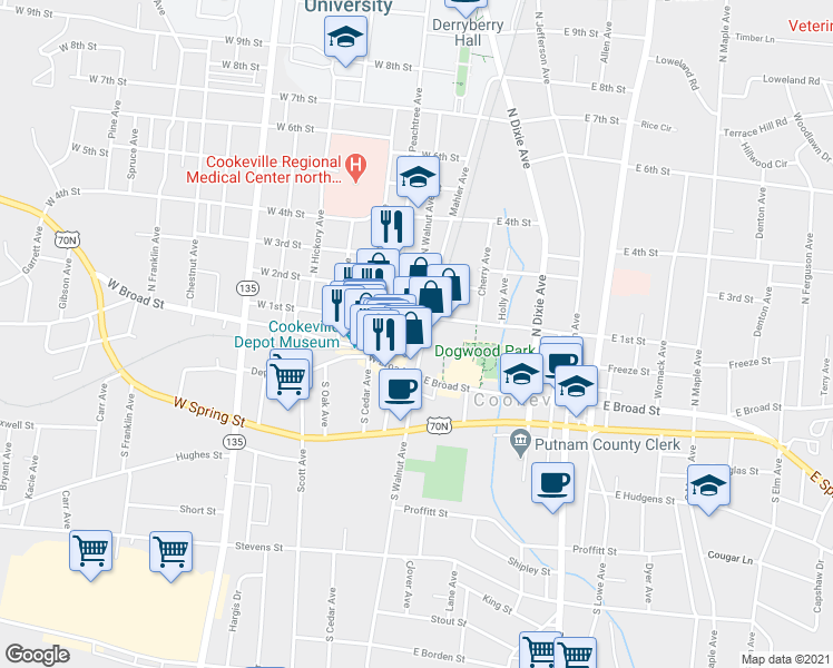 map of restaurants, bars, coffee shops, grocery stores, and more near 44 North Walnut Avenue in Cookeville