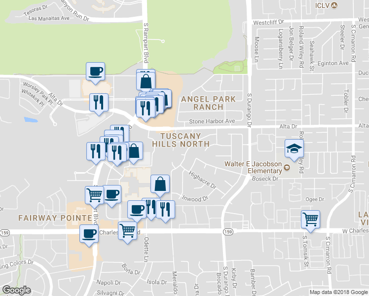 map of restaurants, bars, coffee shops, grocery stores, and more near 609 Ampere Lane in Las Vegas