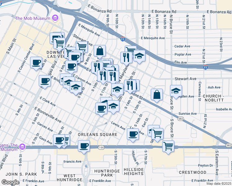 map of restaurants, bars, coffee shops, grocery stores, and more near 113 South Maryland Parkway in Las Vegas