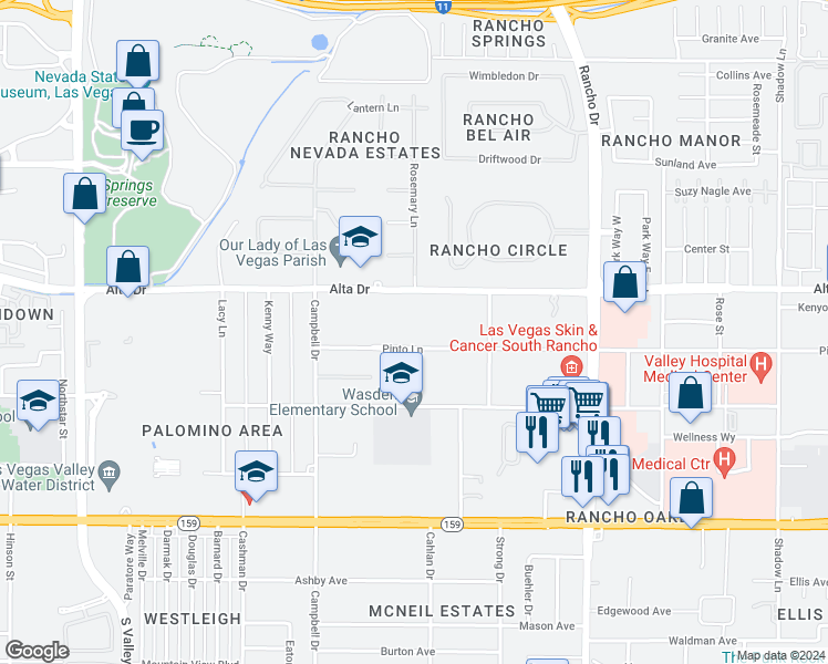 map of restaurants, bars, coffee shops, grocery stores, and more near 2800 Pinto Lane in Las Vegas