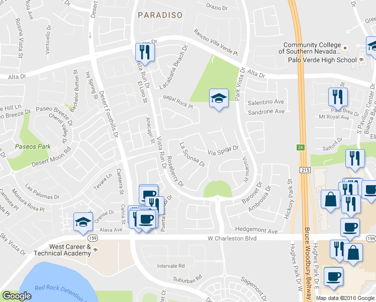 map of restaurants, bars, coffee shops, grocery stores, and more near 11437 Via Spiga Drive in Las Vegas