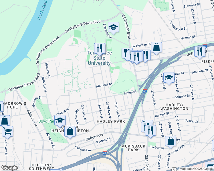 map of restaurants, bars, coffee shops, grocery stores, and more near 3107 Alameda Street in Nashville