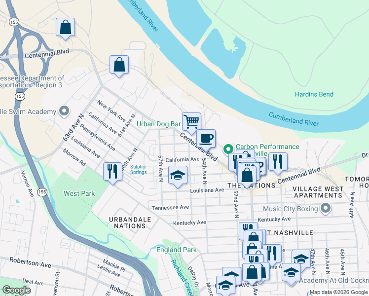 map of restaurants, bars, coffee shops, grocery stores, and more near 5501A New York Avenue in Nashville