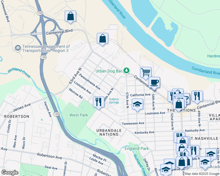 map of restaurants, bars, coffee shops, grocery stores, and more near 1501 60th Avenue North in Nashville