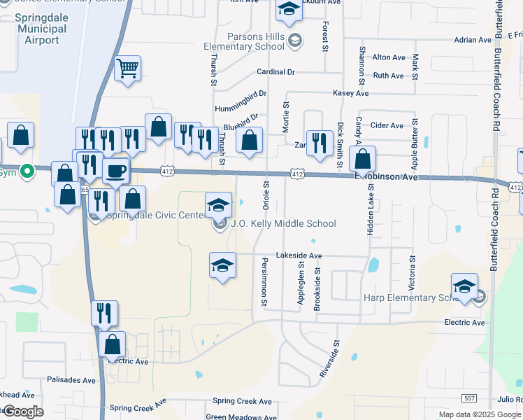 map of restaurants, bars, coffee shops, grocery stores, and more near 2019 East Robinson Avenue in Springdale
