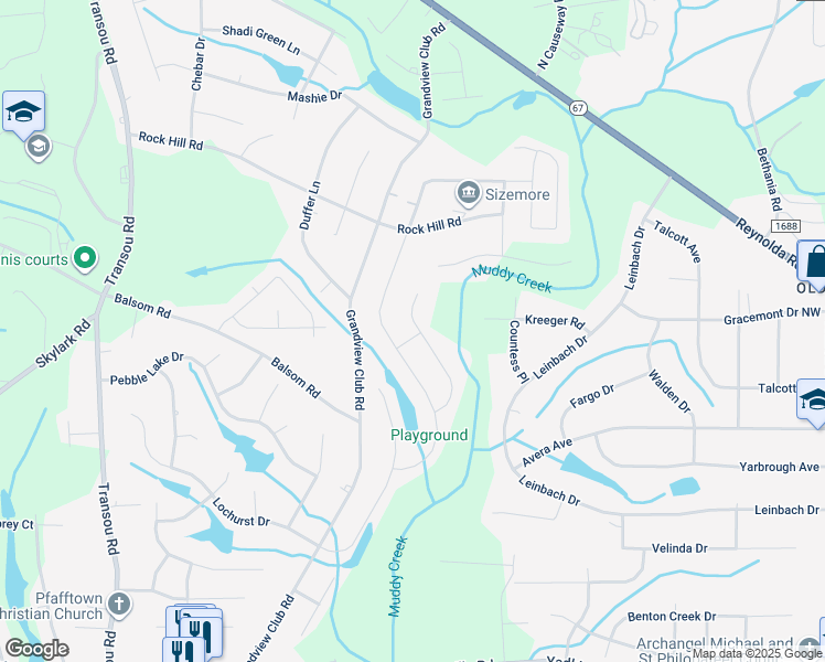 map of restaurants, bars, coffee shops, grocery stores, and more near 4111 Lytham Ln in Pfafftown