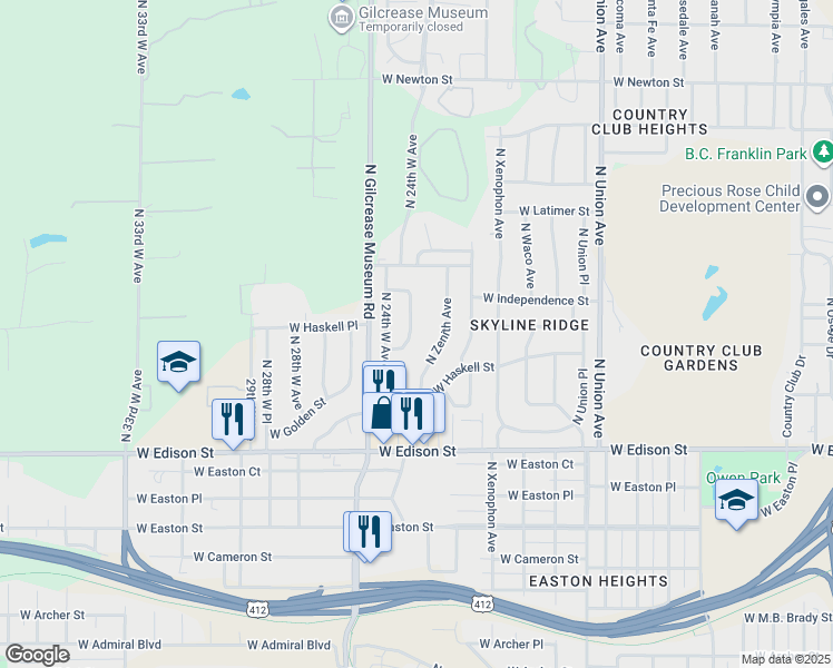 map of restaurants, bars, coffee shops, grocery stores, and more near 715 North 23rd West Avenue in Tulsa