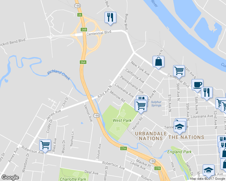 map of restaurants, bars, coffee shops, grocery stores, and more near 6214 Morrow Road in Nashville