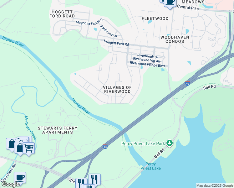 map of restaurants, bars, coffee shops, grocery stores, and more near 2124 River Overlook Drive in Nashville