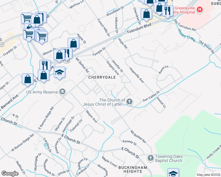 map of restaurants, bars, coffee shops, grocery stores, and more near 200 Regency Park in Greeneville