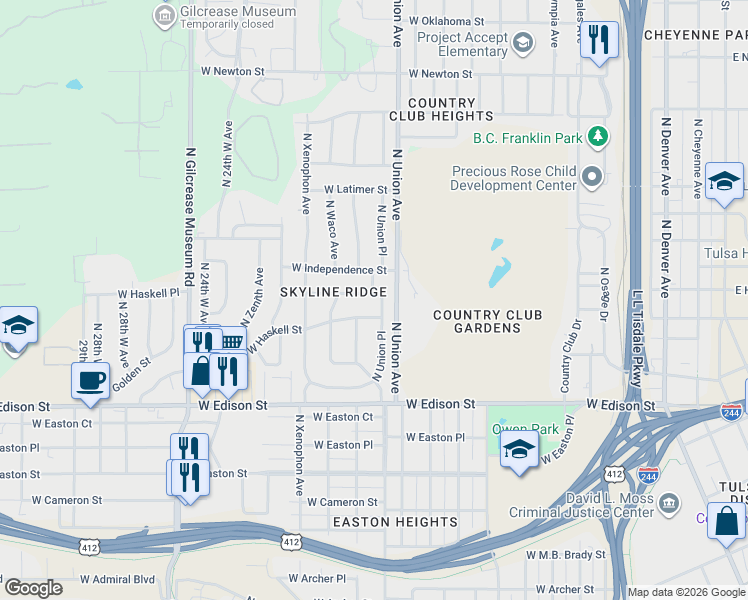 map of restaurants, bars, coffee shops, grocery stores, and more near 1724 West Haskell Place in Tulsa