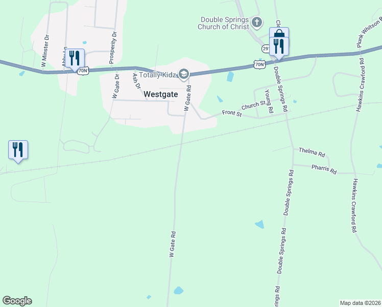 map of restaurants, bars, coffee shops, grocery stores, and more near 438 West Gate Road in Cookeville