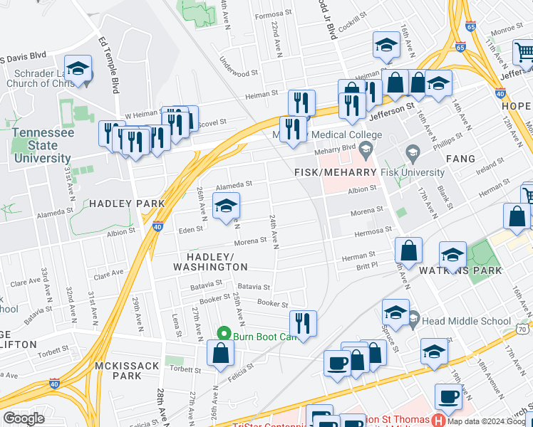 map of restaurants, bars, coffee shops, grocery stores, and more near 2402 Eden Street in Nashville