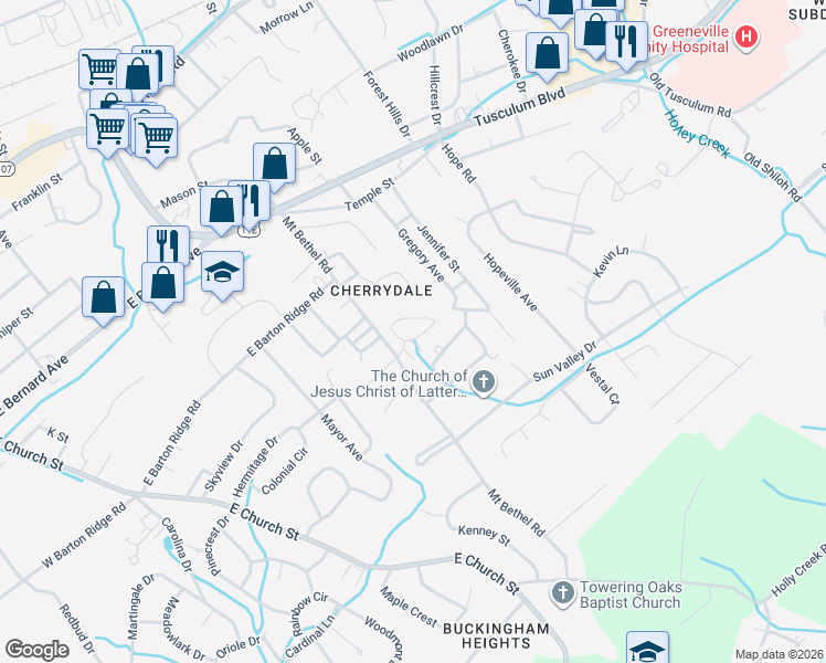 map of restaurants, bars, coffee shops, grocery stores, and more near 200 Regency Park in Greeneville