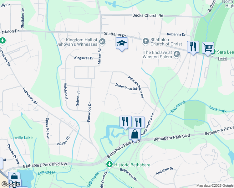 map of restaurants, bars, coffee shops, grocery stores, and more near 2165 Westminister Lane in Winston-Salem