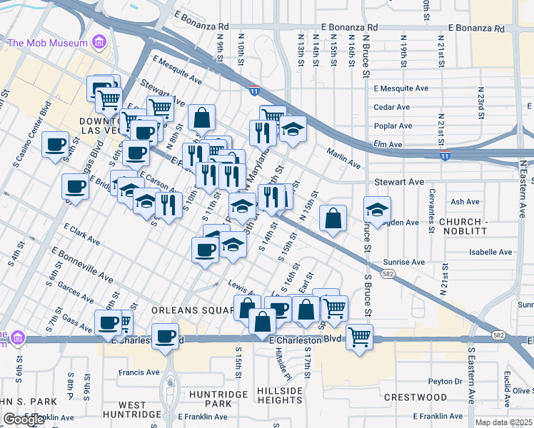 map of restaurants, bars, coffee shops, grocery stores, and more near 1308 East Fremont Street in Las Vegas